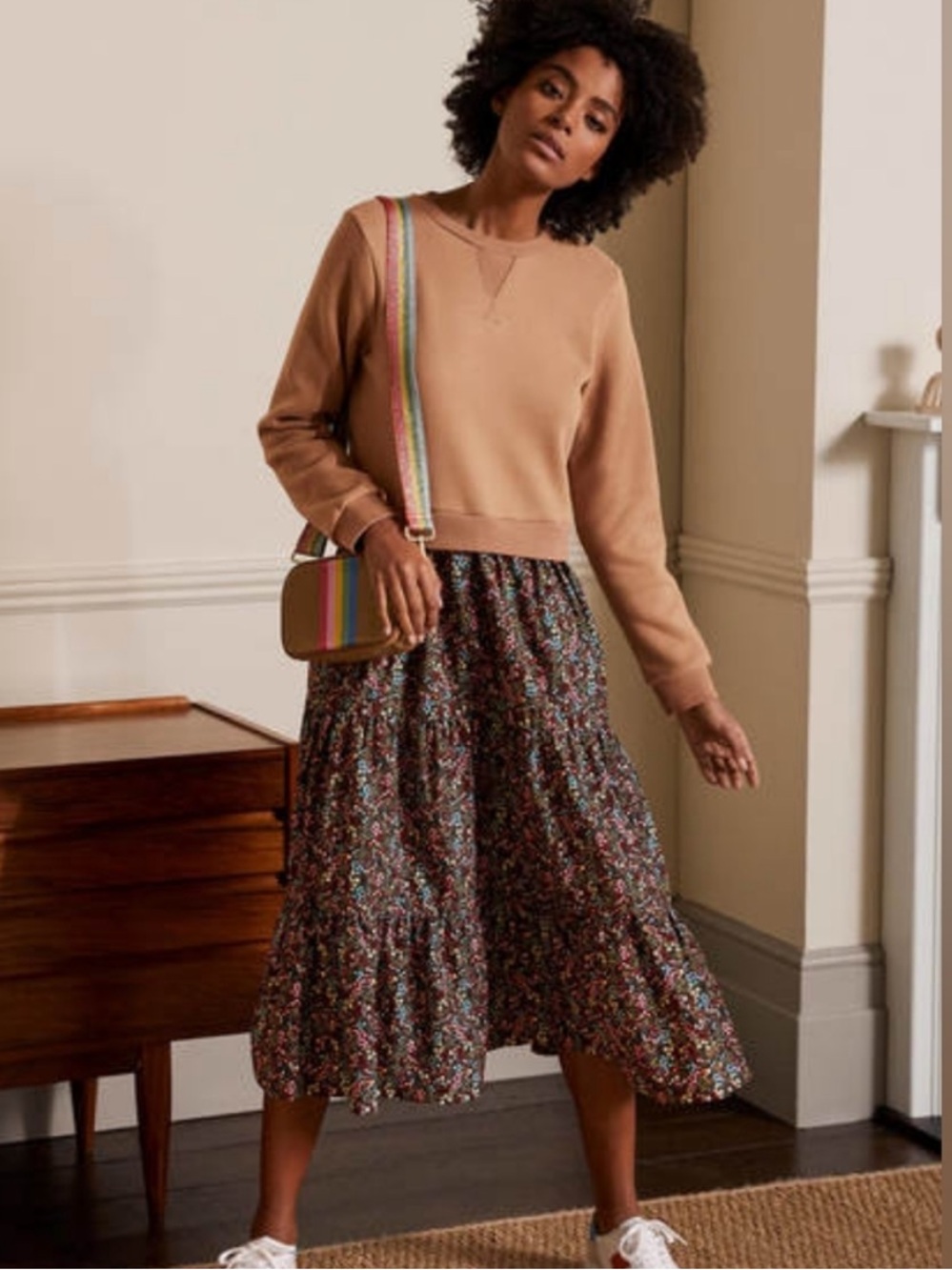 Boden midi dress mix tiered sweatshirt colorful floral print skirt womens size 2